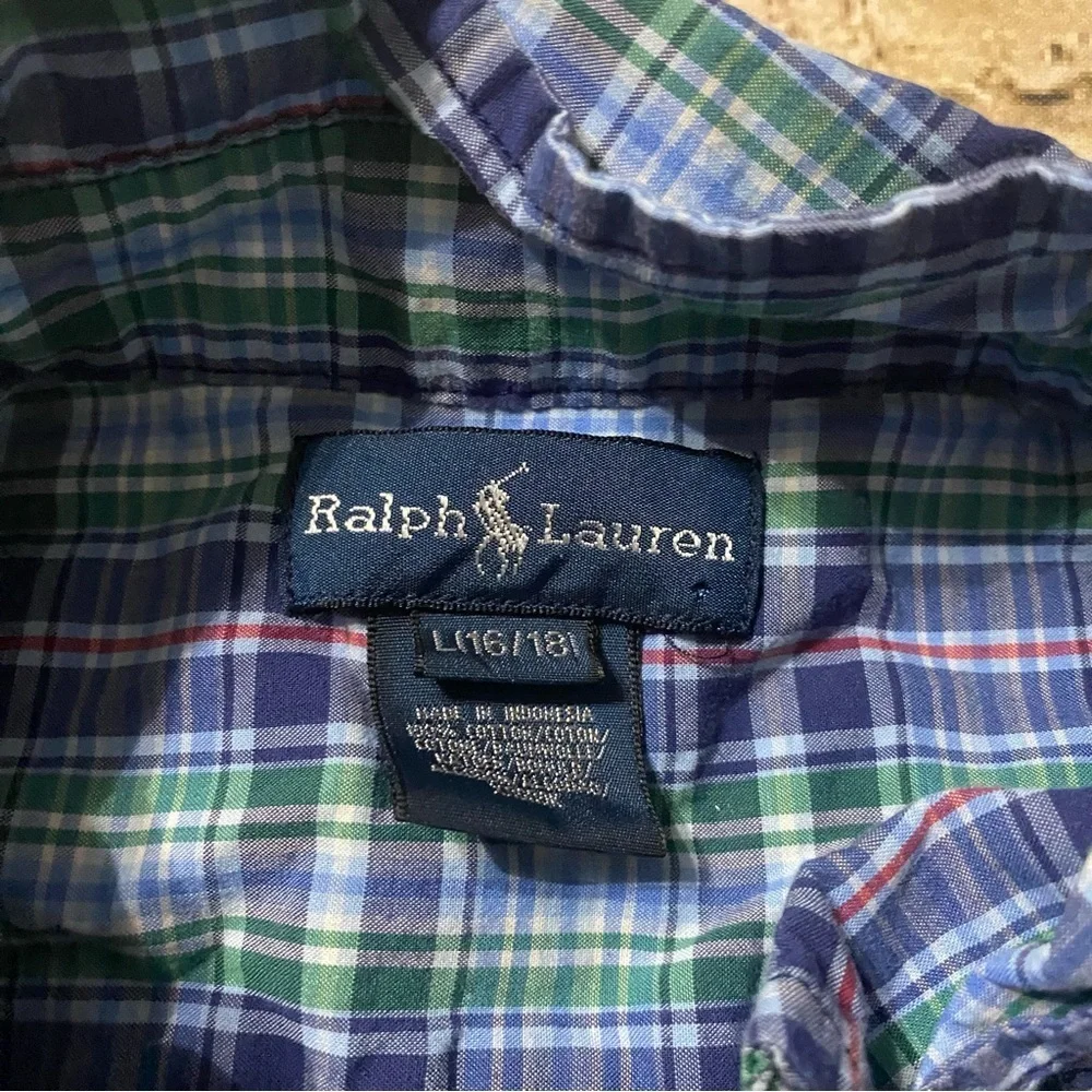 Ralph Lauren Blue Green Plaid Cotton Button Down Shirt